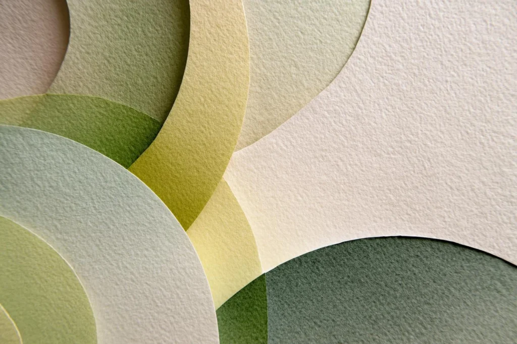 Composição abstrata de formas curvas sobrepostas em tons de verde, bege e amarelo.